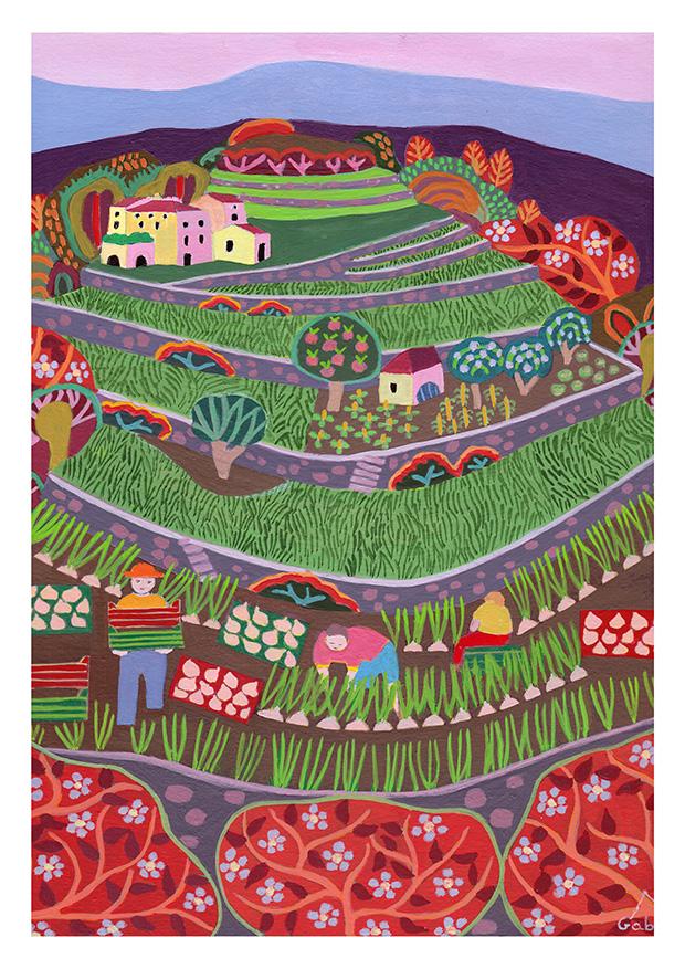 Artiste naïve vivant dans les Cévennes, je transforme les paysages cévenols  en scènes colorées et enchantées. 