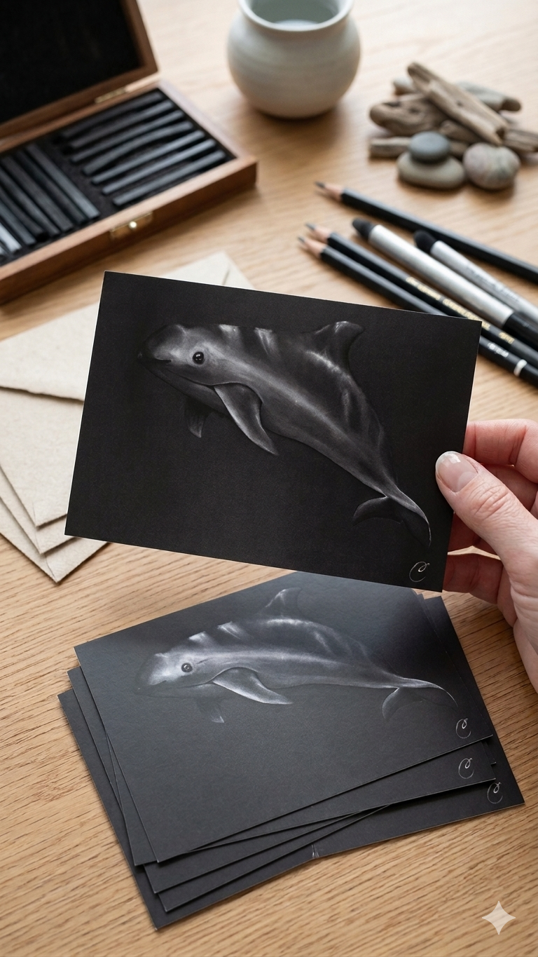 Assortiment de cartes postales et tirages d'art sur alu dibond, animaliers de l'artiste Cécilia PELISSIER, aquarelles blanches sur papier noir représentant des espèces menacées