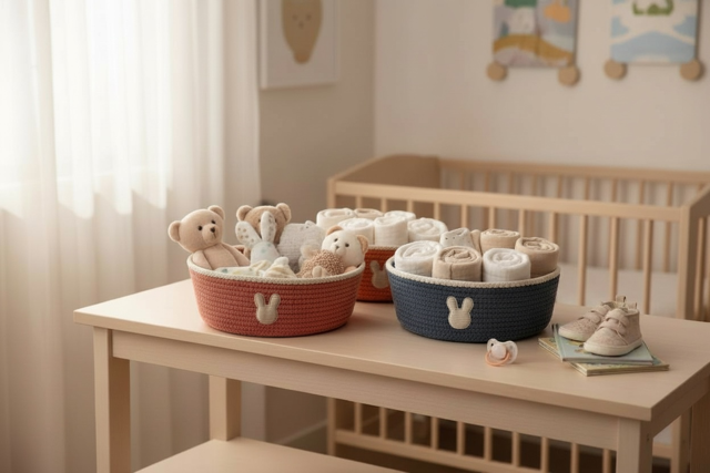 Panier de rangement chambre enfants. Cadeau baby shower boulogne billancourt. Panier à frange design made in France. Panier à pompon pour ranger les produits bébé. Panier pour couches bébé. Panier pour commode à langer. cadeau de naissance boulogne billancourt