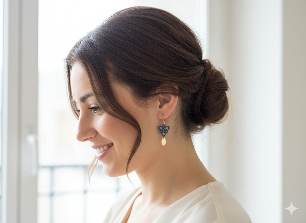 boucles d'oreilles en dentelle de frivolité faites en France, à Boulogne billancourt. La dentelle est faite à base de fils nouées et assortie de pierres en cristal