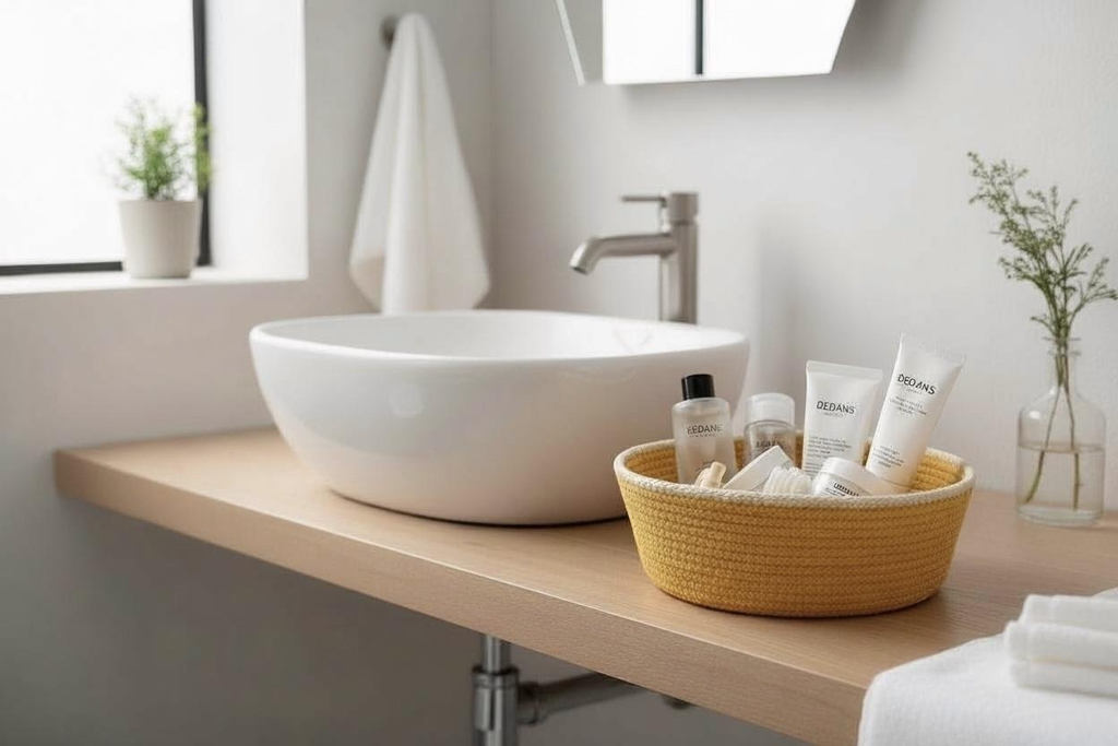 panier de rangement pour la salle de bains made in France. rangement cosmétiques. panier maquillage. rangement produits de beauté. panier serviettes invités fait en France. panier pour bijoux. panier pour bracelets poiray