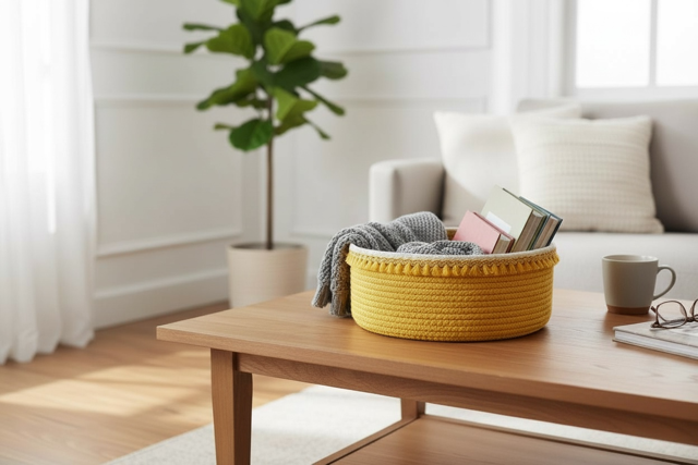 Panier de rangement salon. Panier à frange design made in France. Panier à pompon pour ranger les produits cosmétiques. Panier pour commode à langer.