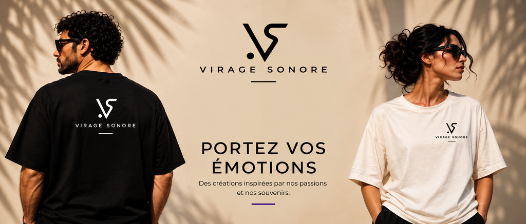 Bannière Virage Sonore – collection de tee-shirts homme et femme, créations inspirées par nos passions et nos souvenirs