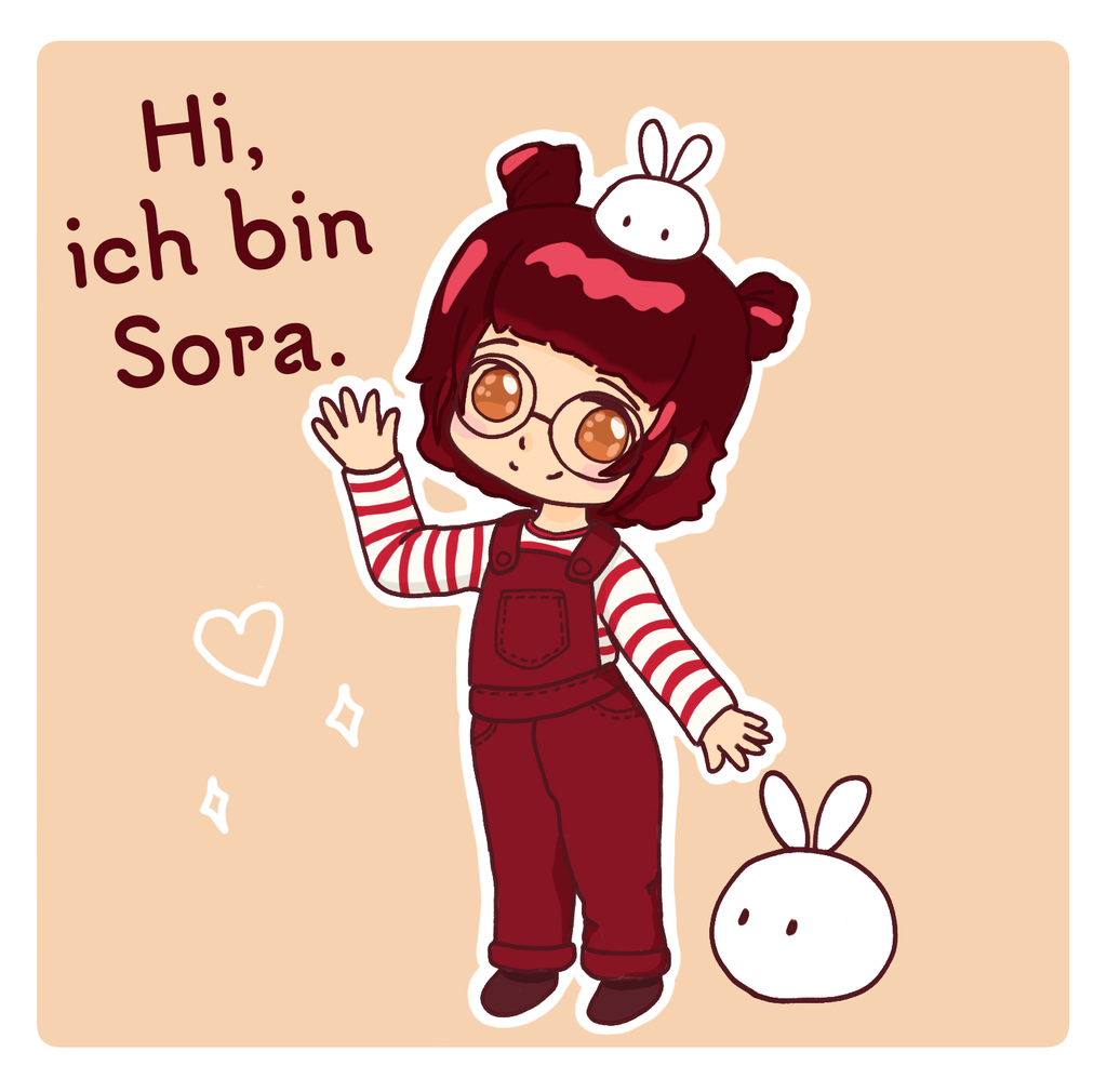 auf beigen Hintergrund winkt eine kleine Figur. Sie hat rote Haare mit 2 Zöpfen, eine Brille, eine weinrote Latzhose und ein gestreiftes Shirt.
Auf dem Kopf und rechts neben der Figur sitzen 2 kleine Hasen. 
Daneben steht der Text Hi, ich bin Sora.