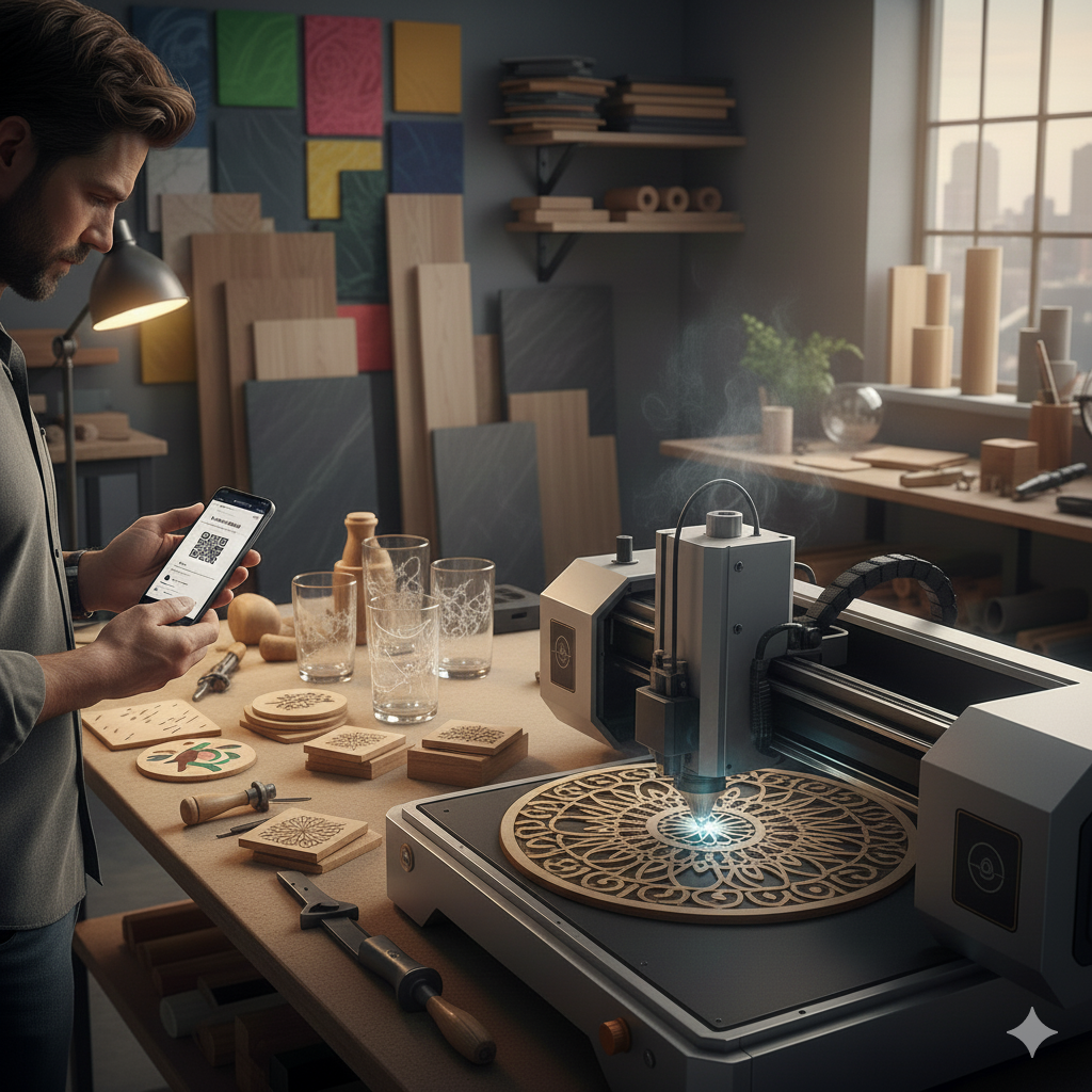 Savoir-faire & technologies
Le travail artisanal est enrichi par l’utilisation de technologies modernes, permettant une grande précision et de nombreuses possibilités de personnalisation.

Bois, ardoise, liège, verre ou miroir sont travaillés à travers différentes techniques : gravure laser, découpe, impression, QR Code et NFC selon les projets.