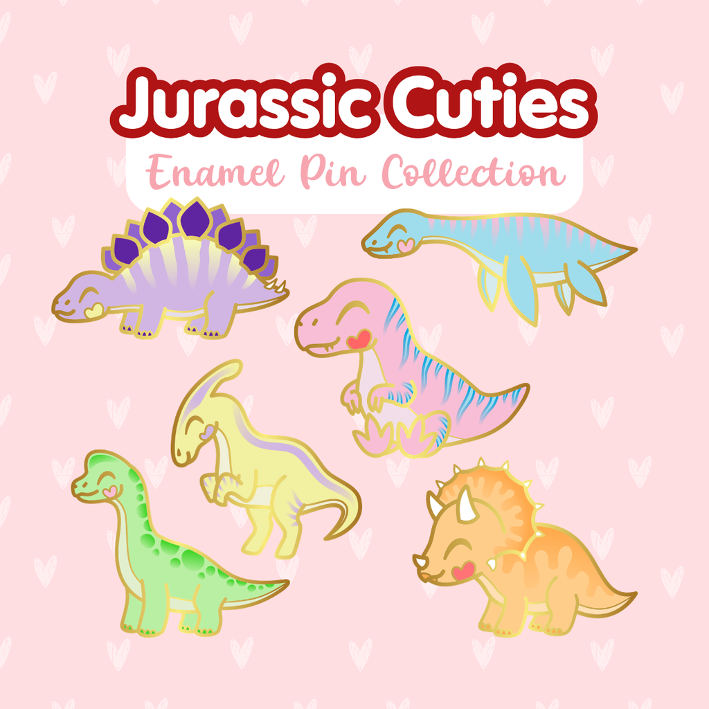Cute chibi pastel dinosaur hard enamel pins, featuring the t-rex, brachiosaurus, plesiosaurus, triceratops, stegosaurus and parasaurolophus.
