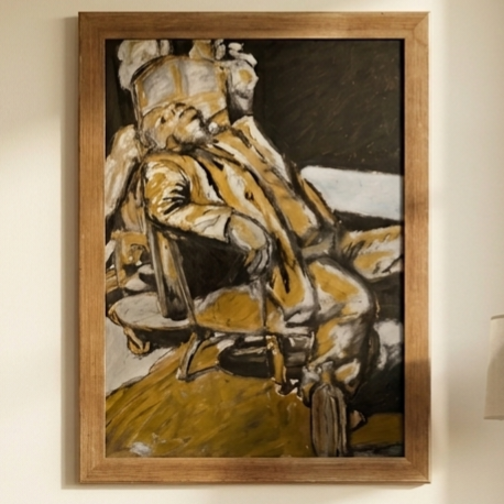 Oil bar painting in gold, silver and black of a man lying back, sat in a chair, surrounded by art room props.