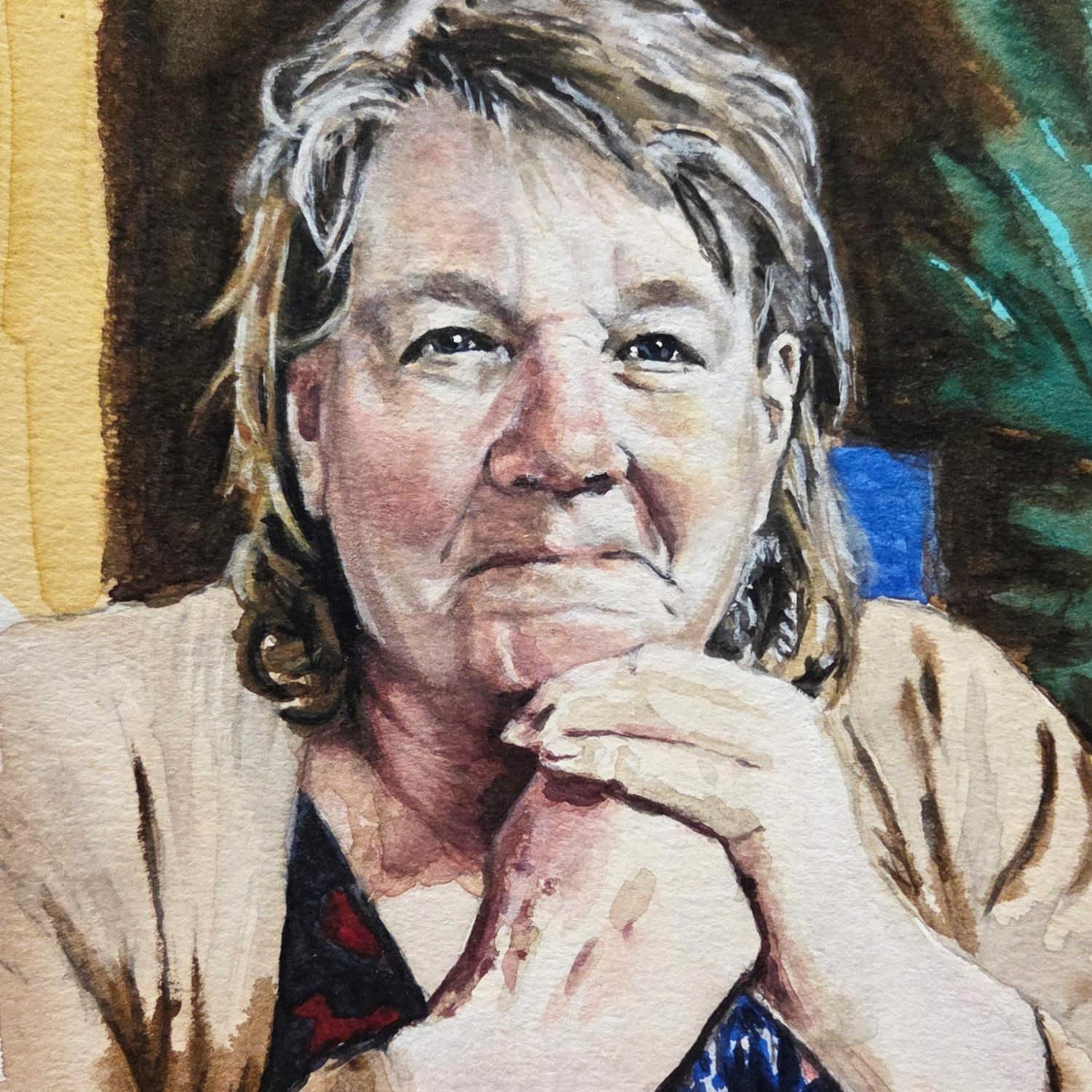 Painting of lady sat at a table in a restaurant. Resting her chin on her clasped hands.