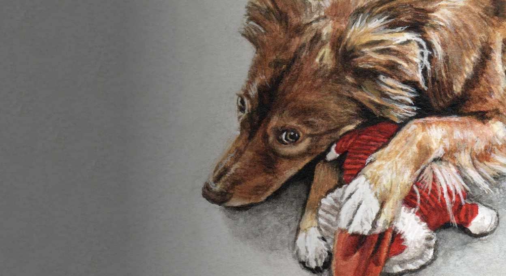 fox coloured dog cuddling a santa toy, lying on a grey carpet
