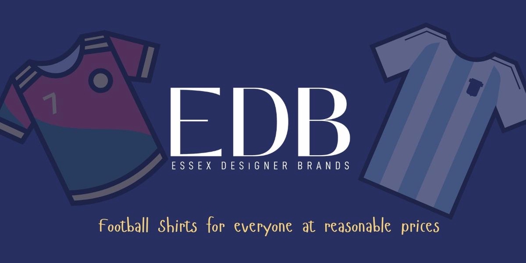 Banner image for Essex Designer Brands with 2 football shirts faded into a blue background.