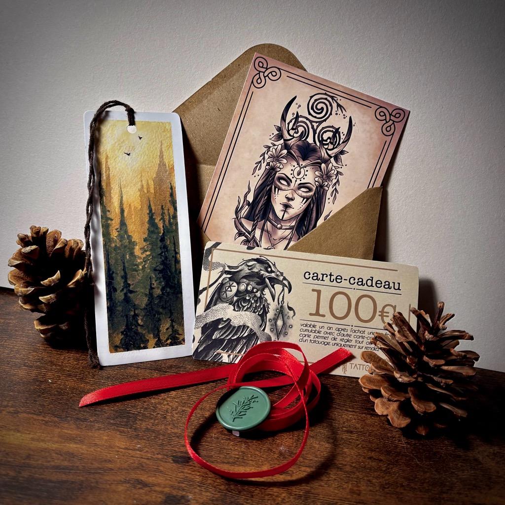 coffret cadeau pour noel, carte cadeau tatouage + marque page illustré + print / carte de voeux + enveloppe 