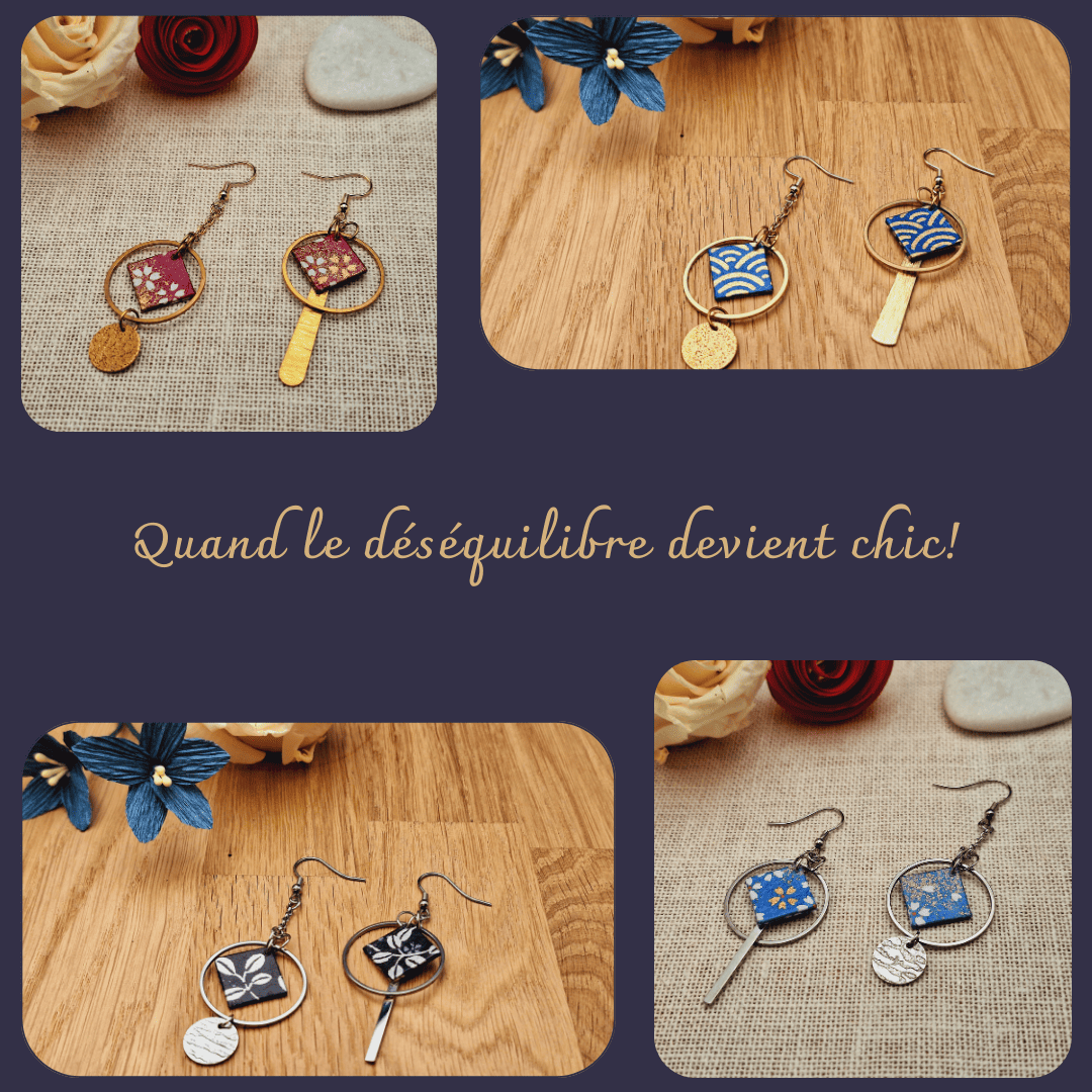Présentation des boucles d'oreilles asymétriques en papier japonais