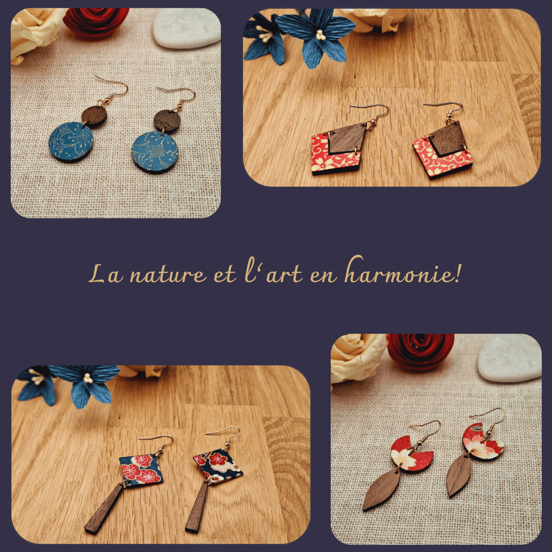 Présentation des boucles d'oreilles en bois de noyer et papier japonais