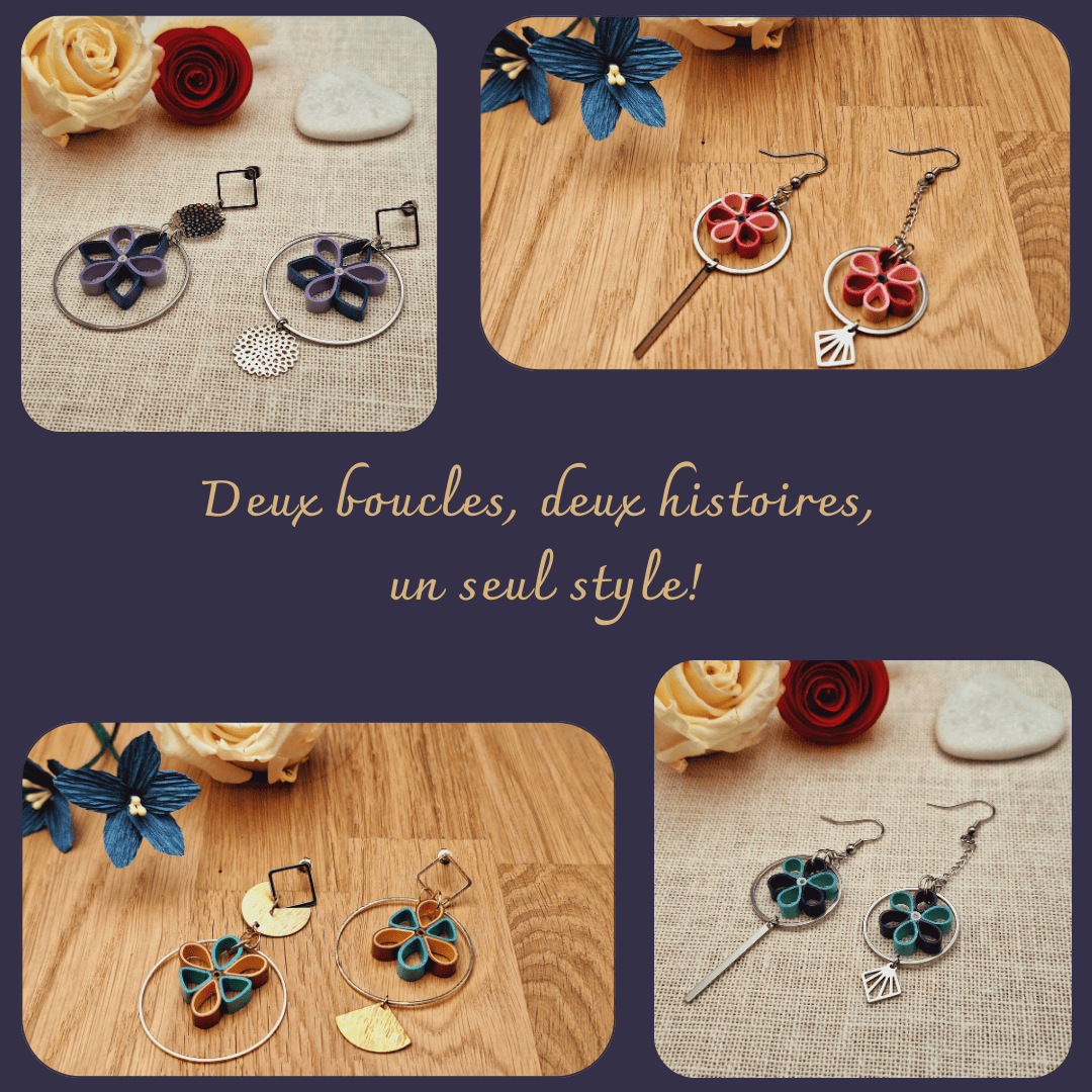 Présentation des boucles d'oreilles asymétriques en papier roulé utilisant la technique du quilling.