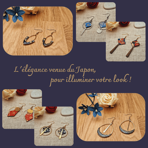 Différentes boucles d'oreilles réalisées à partie de pliage de papier japonais. Des créoles, des asymétrique, des bois...