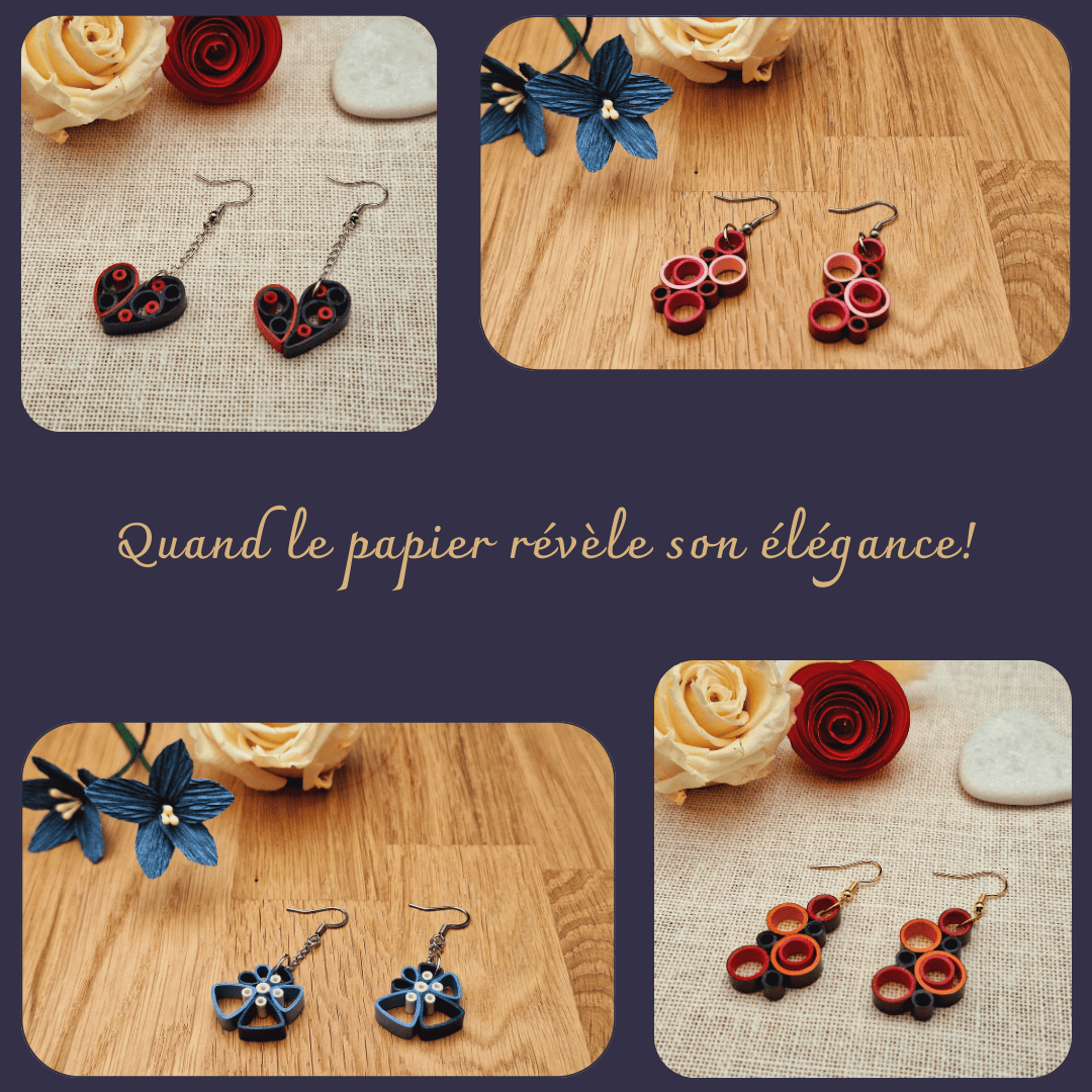 Présentation des boucles d'oreilles classiques en papier roulé utilisant la technique du quilling.