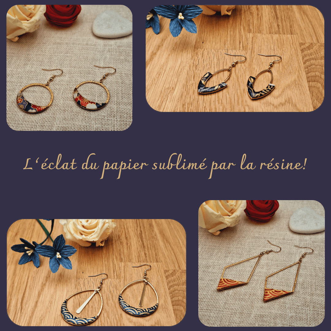 Présentation des boucles d'oreilles en papier japonais et résine