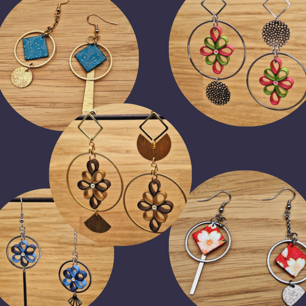 Illustration d'un article de blog : "Asymétriques ou dépareillées, il suffit d'oser!"
La photo représente différents modèles de boucles d'oreilles asymétriques en papier roulé ou papier japonais.
