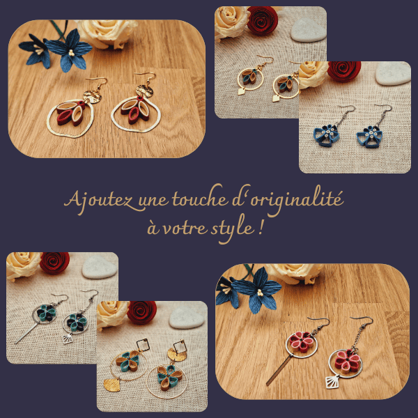 Différentes modèles de boucles d'oreilles réalisées à partir de la technique du quilling. Des créoles, des asymétriques...