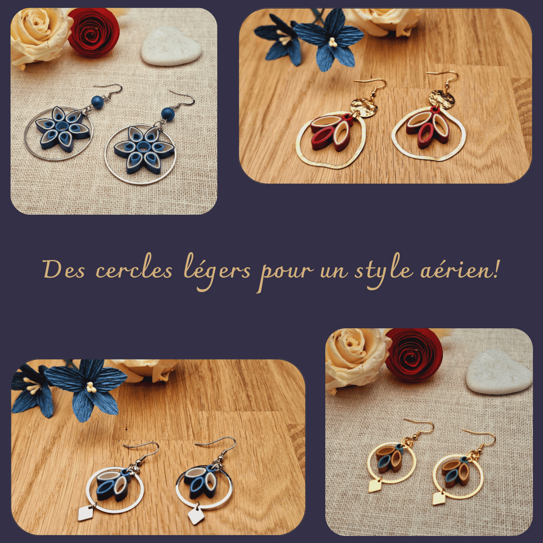 Présentation des boucles d'oreilles créoles en papier roulé utilisant la technique du quilling.