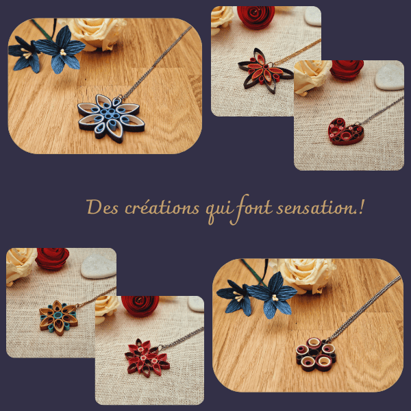 Présentation de différents modèles de colliers réalisés en papier roulé utilisant la technique du quilling