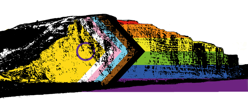 East Cliff from West Bay overlain with an Intersex Progress Pride Flag.