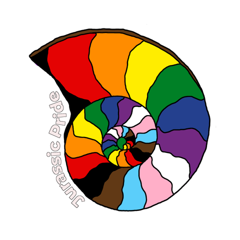 An ammonite in progress pride flag colours with the words Jurassic Pride on the left hand side winding around it.