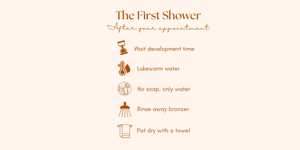 Before leaving your appointment, Inner Glow Studio will let you know the recommended development time based on the tanning solution used. Once that time has passed, simply rinse off the bronzer with lukewarm water and pat dry.