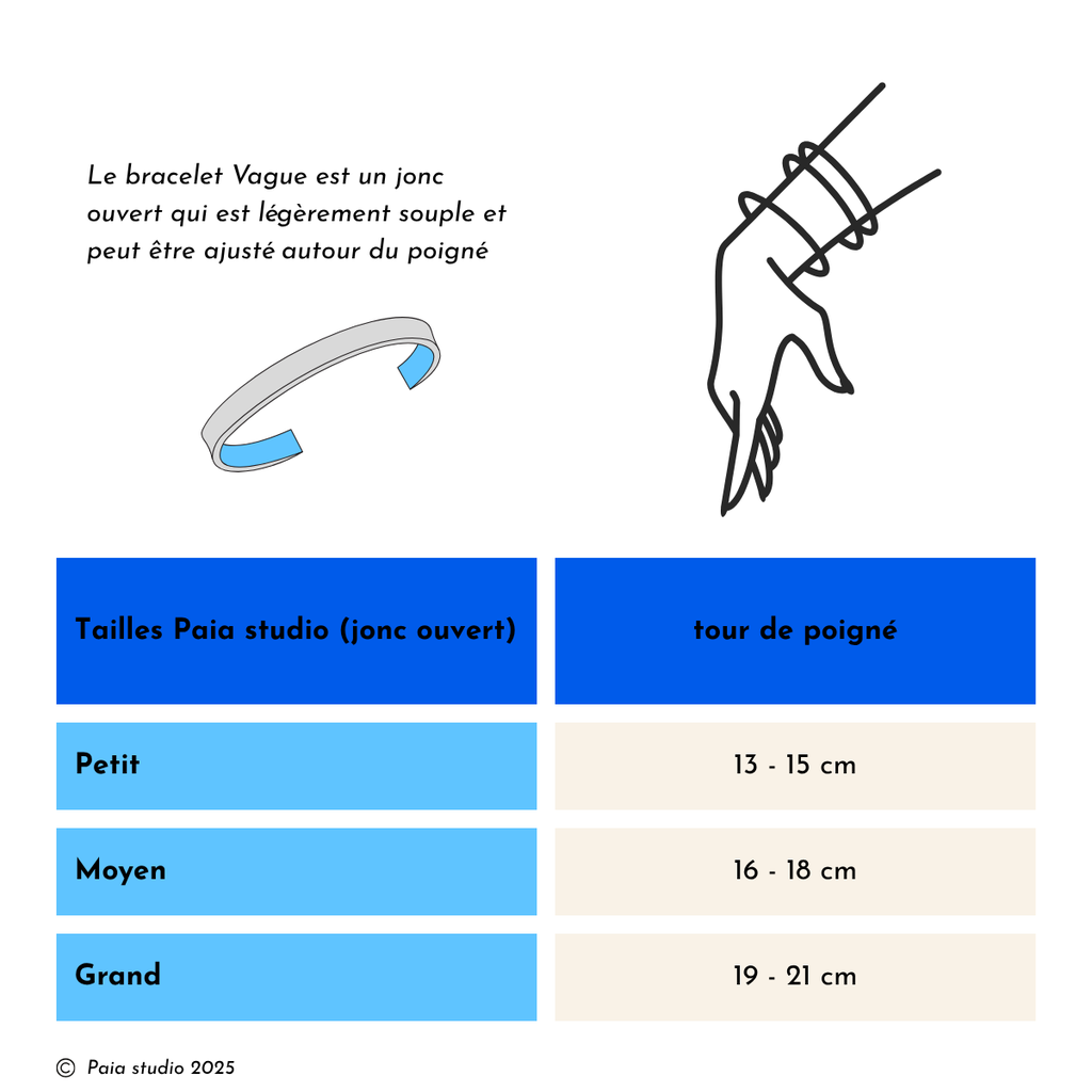 tableau guide des tailles bracelet jonc ouvert paia studio bijoux