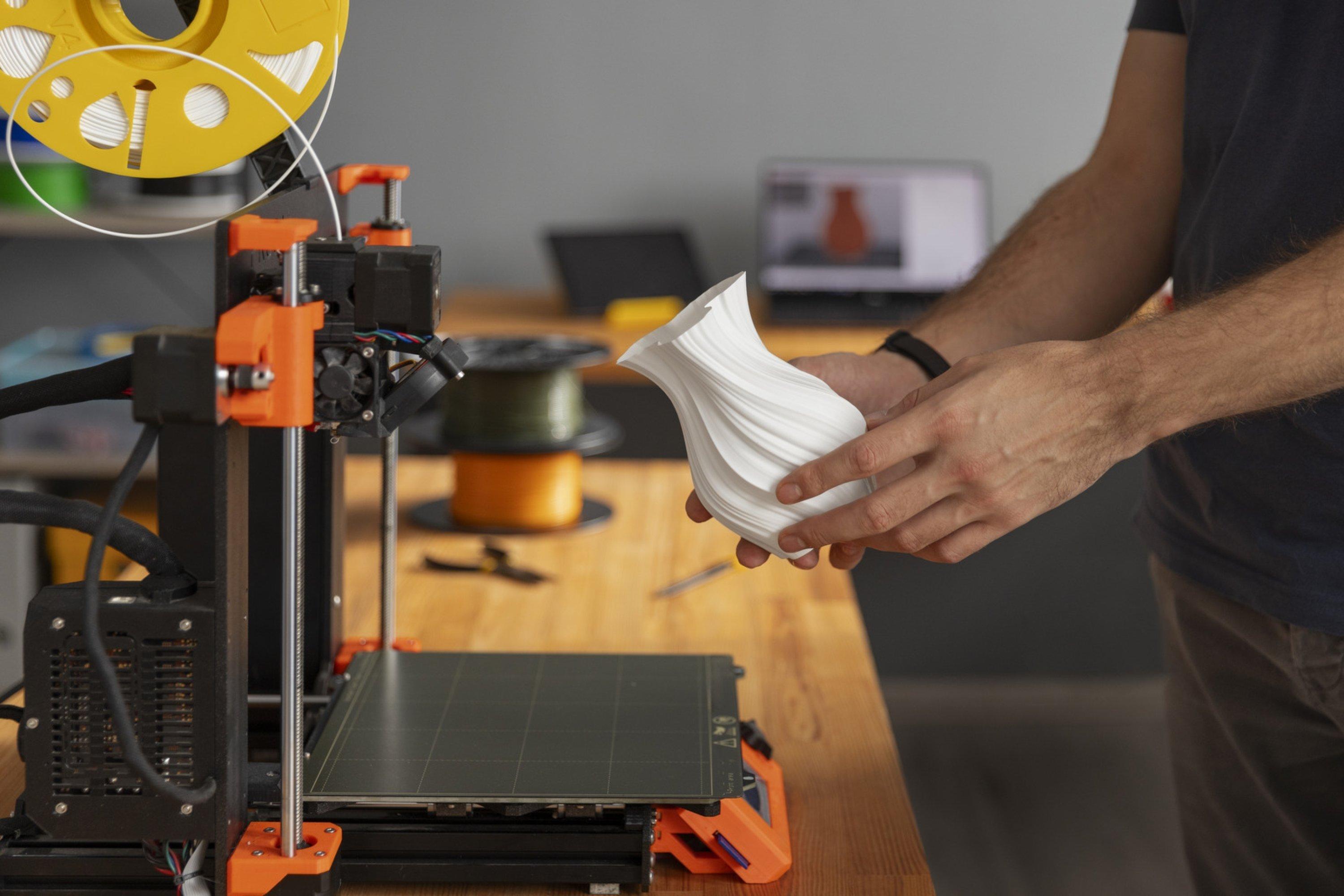 Homme tenant dans les mains un vase blanc imprimé en 3D, devant une imprimante 3D.