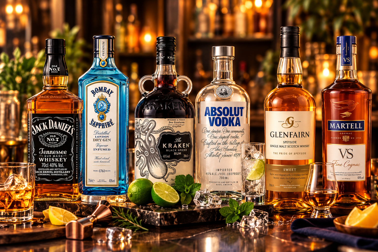Selection of whisky, gin, rum, vodka and brandy bottles