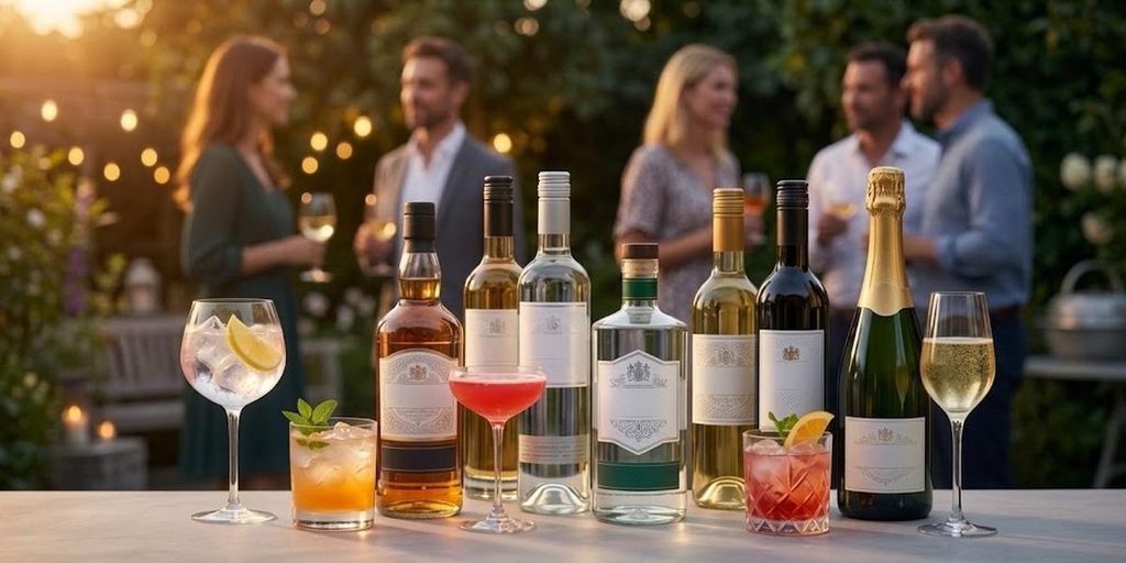 Premium spirits and wine displayed at an evening garden gathering