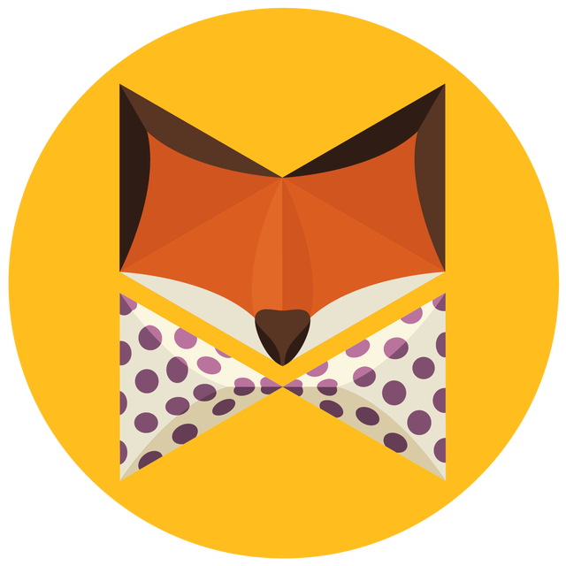 Geometric Orange Fox with a Purple polka dot bow-tie