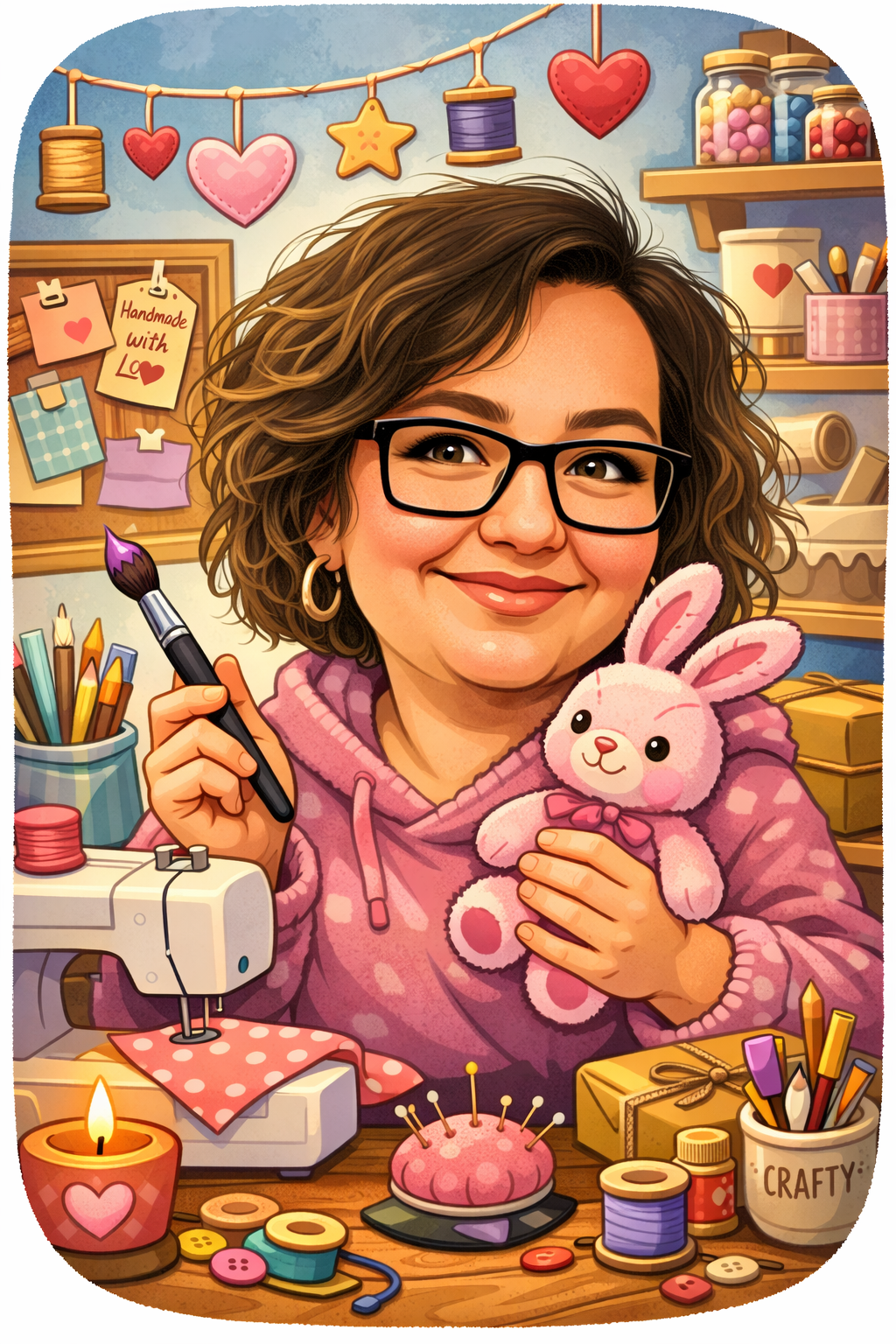 image of a cartoon character of Richelle in her craft room