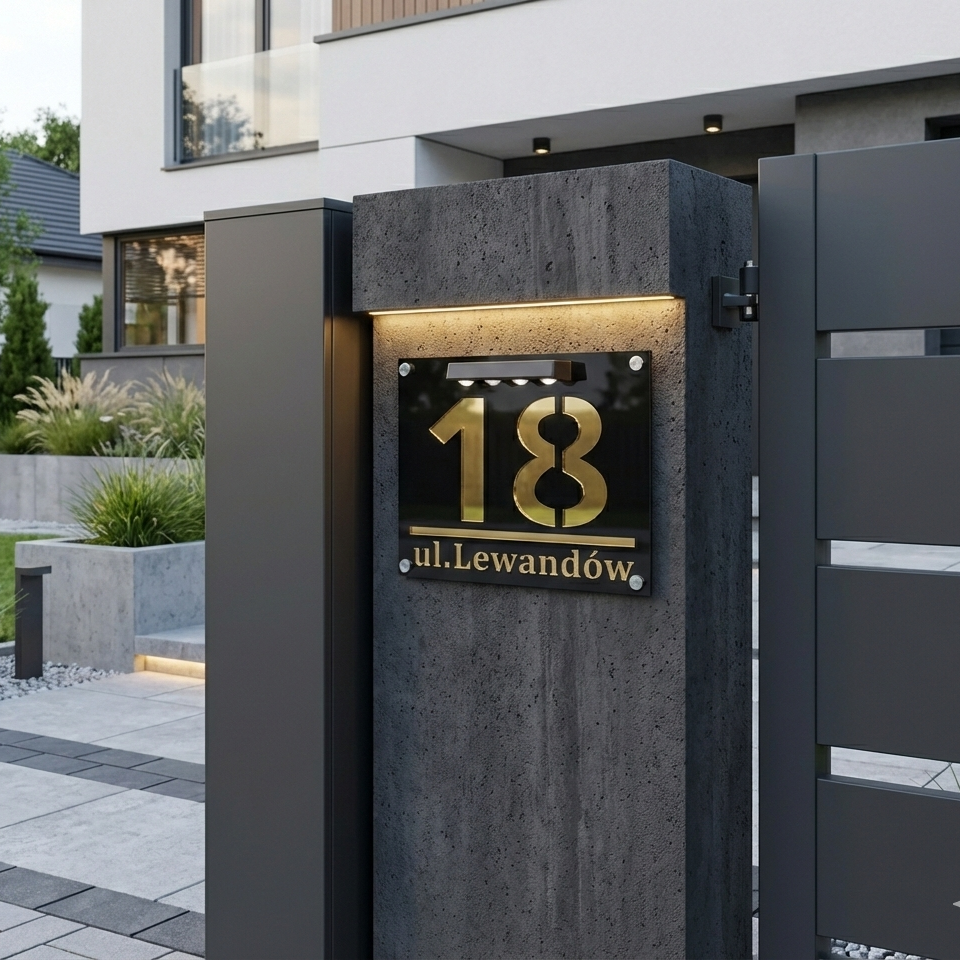 Luksusowa tabliczka adresowa z pleksi lustro złote o grubości 6mm z numerem 18 marki NumeoDesign.
