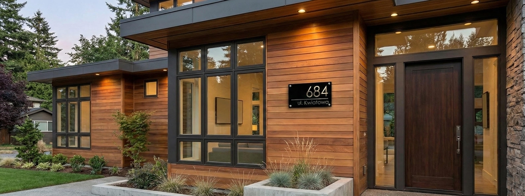 Tabliczka adresowa 494 zamontowana na nowoczesnej elewacji