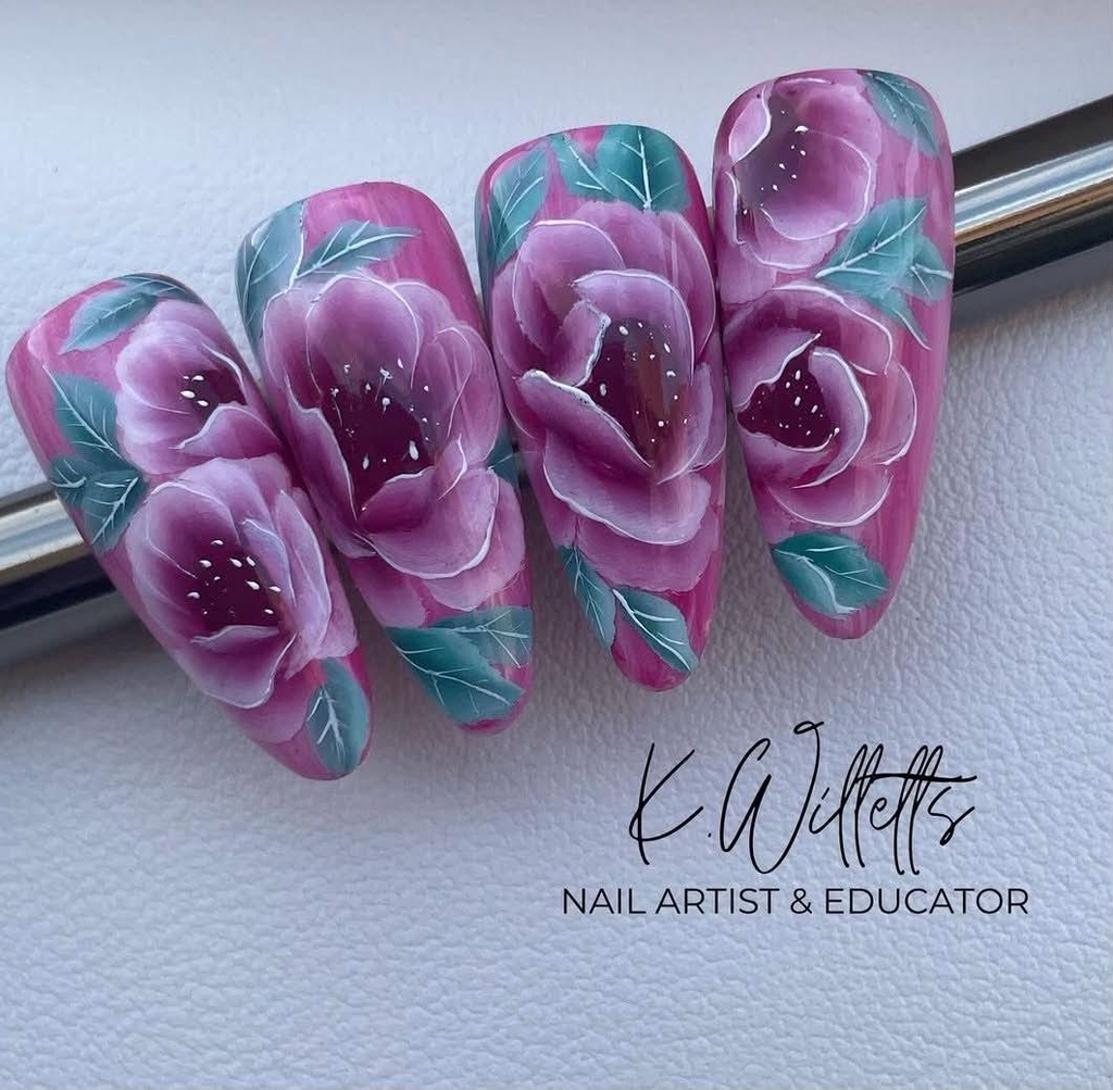 k willetts nail artist One Stroke painting practice tips for UK nail tech training, featuring high end decorative floral nail designs