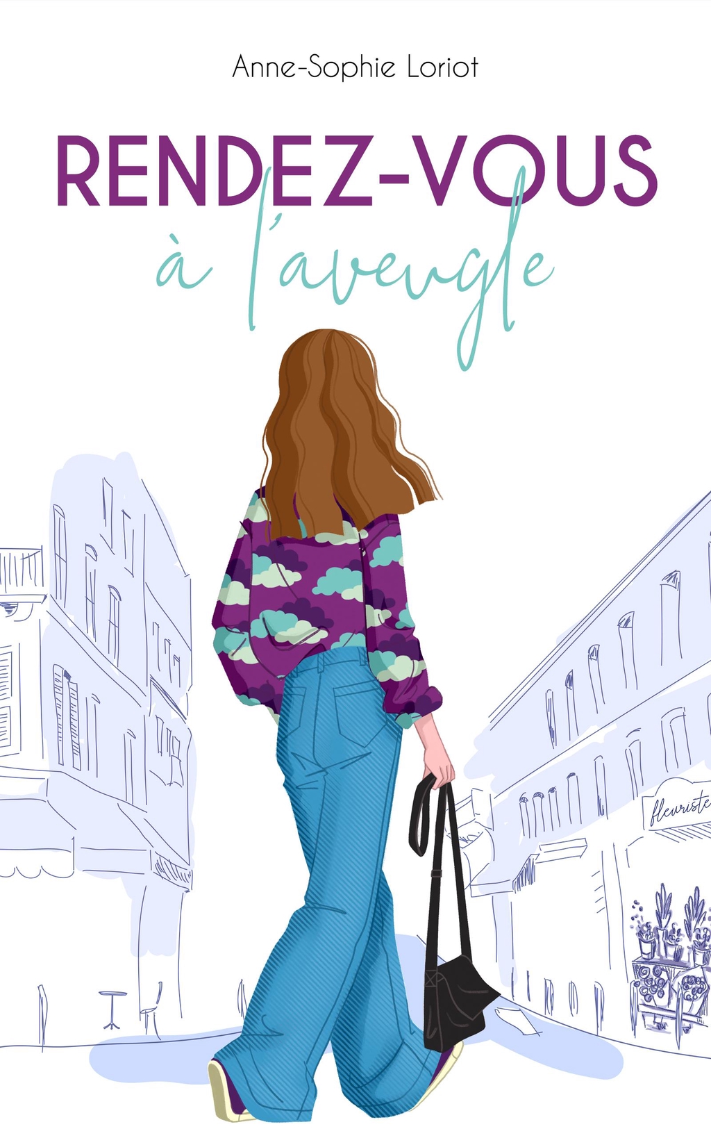 Couverture du roman "rendez-vous à l'aveugle" d'Anne-Sophie Loriot - Une femme avec un pull violet avec des motifs nuages, de dos, qui marche dans la rue d'une ville. 
