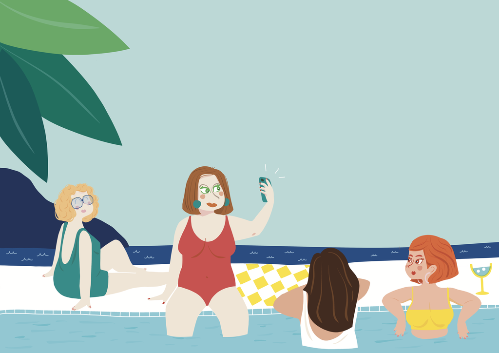 Les personnages de la saga de roman feel-good "Les Bichettes" au bord de la piscine, par Anne-Sophie Loriot, auteure.
