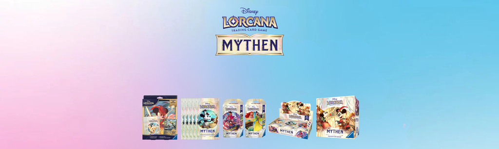 Disney Lorcana Mythen Erweiterung – Übersicht mit Starter Decks, Boosterpacks, Geschenkset und Displays vor pastellfarbenem Hintergrund