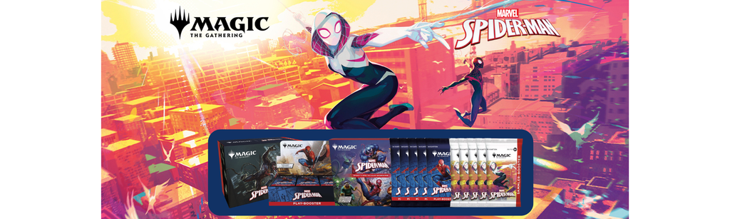 „Magic: The Gathering x Marvel Spider-Man – Produkte aus dem neuen Crossover-Set mit Spider-Gwen und Spidey im Vordergrund, inklusive Play-Booster, Bundle und Collector Packs, jetzt vorbestellen.“