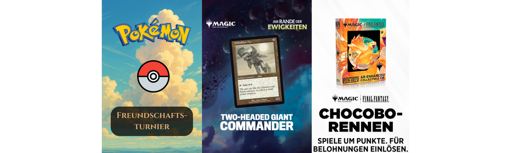 Event-Slide mit Pokémon Freundschaftsturnier, Two-Headed Giant Commander für Magic: The Gathering und Chocobo-Rennen mit Final Fantasy Crossover – Sammelkarten-Events bei Trinket Mage im August.