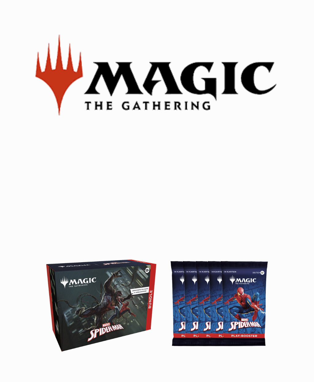 Magic: The Gathering – Marvel's Spider-Man Produkte mit Bundle-Box und Play-Boostern als Kategoriebild für TCG-Fans.