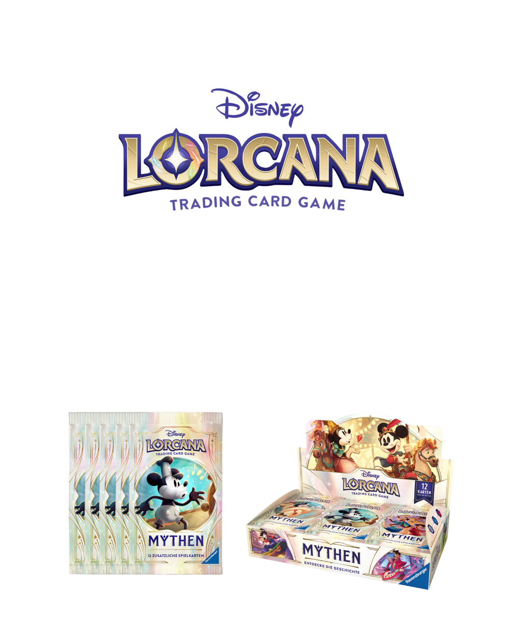 Disney Lorcana Mythen – Kategorie-Cover mit Boosterpacks und Display-Box des Mythen-Sets aus dem Sammelkartenspiel Lorcana