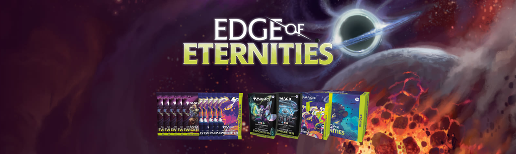 Magic: The Gathering – Edge of Eternities Banner mit Boostern, Collector Packs, Commander Decks und Bundle vor galaktischem Hintergrund