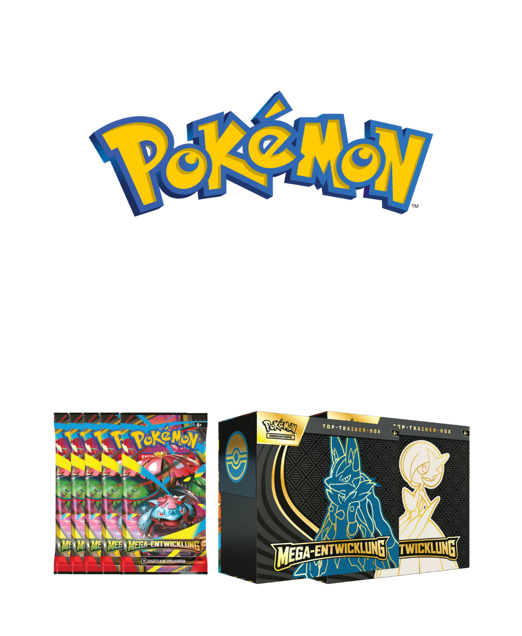 Pokémon Mega-Entwicklung Boosterpacks und Top-Trainer-Boxen mit Lucario und Guardevoir vor Pokémon-Logo – TCG-Produkte für Sammler und Spieler