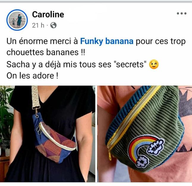 Photo de témoignage de Caroline et Sacha. Banane forme classique taille S jean brut et tissu 70's.
Banane mini funky velours vert amande bleu paon et jaune 