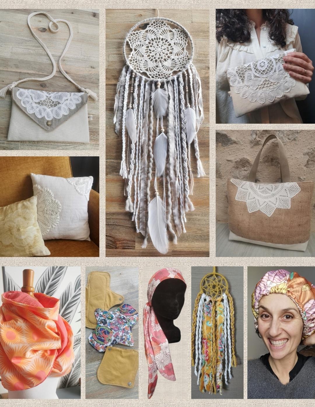 Créations poétiques bohèmes
Décorations murales & accessoires textiles de création artisanale made in France
Rendez-vous sur www.fannygloo.fr pour vos commandes sur mesure ! 
(Attrape-rêves, attrape-soleil, foulards, écharpes, accessoires cheveux en satin, sacs en toile de jute) 