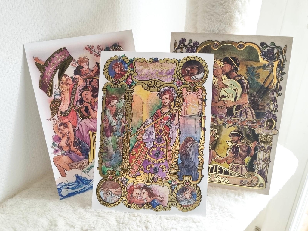 trois cartes représentant Sappho, la Maupin et Achilles et Patrocles