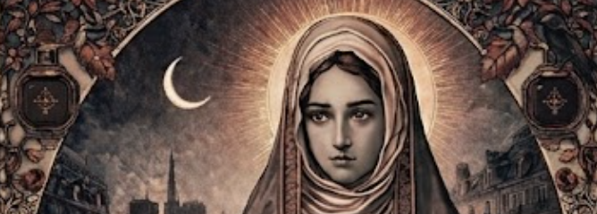 Portrait d'une femme mystique au XVIIe siècle : figure voilée avec halo de lumière et croissant de lune sur fond de vieux Paris